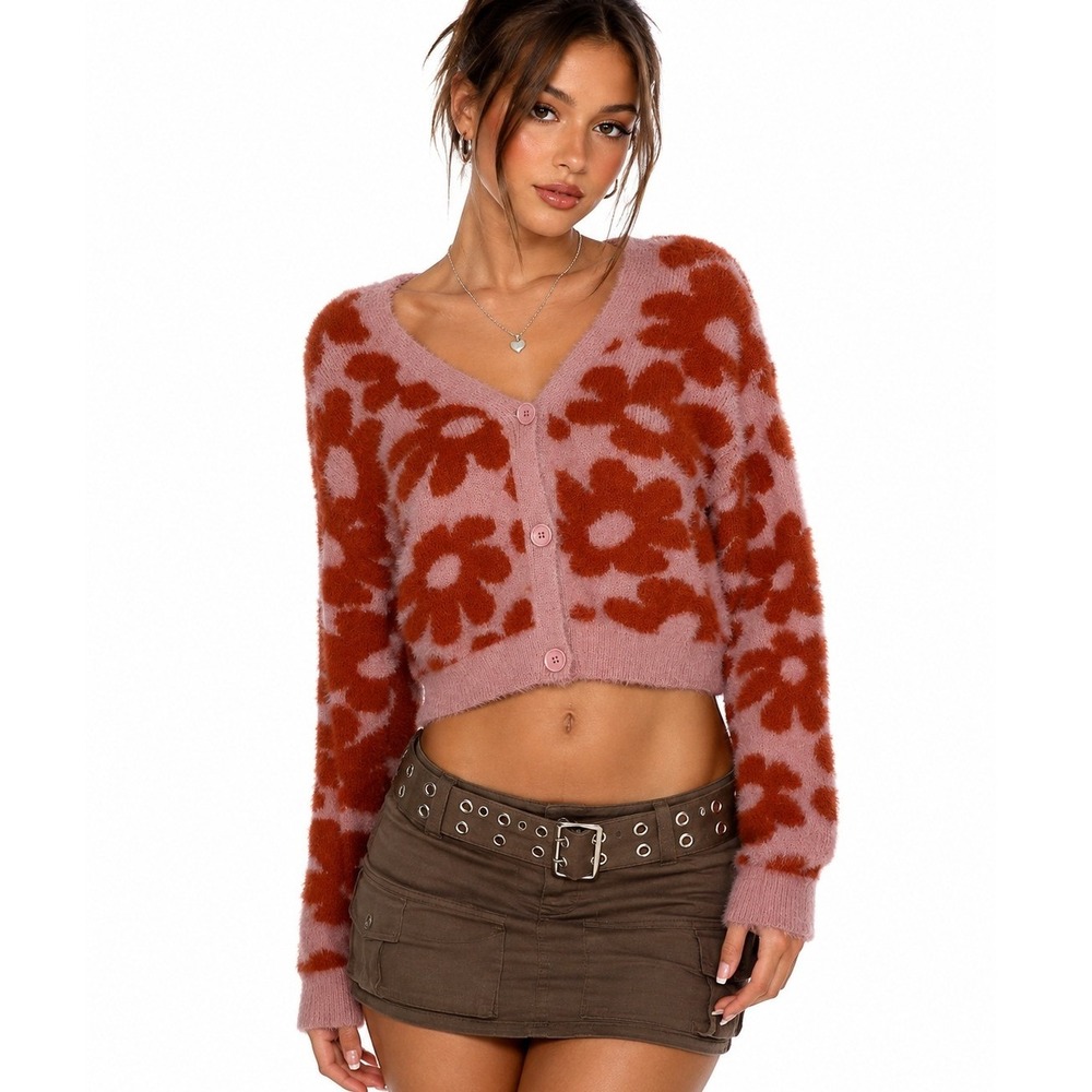 Art Class Pink Rust Floral Fuzzy Cropped Cardigan Sweater Y2Kcoqu | Size 10/12